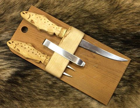 Набор WOOD JEWEL "Рыбный" (нож, вилка, пинцет, доска разделочная)